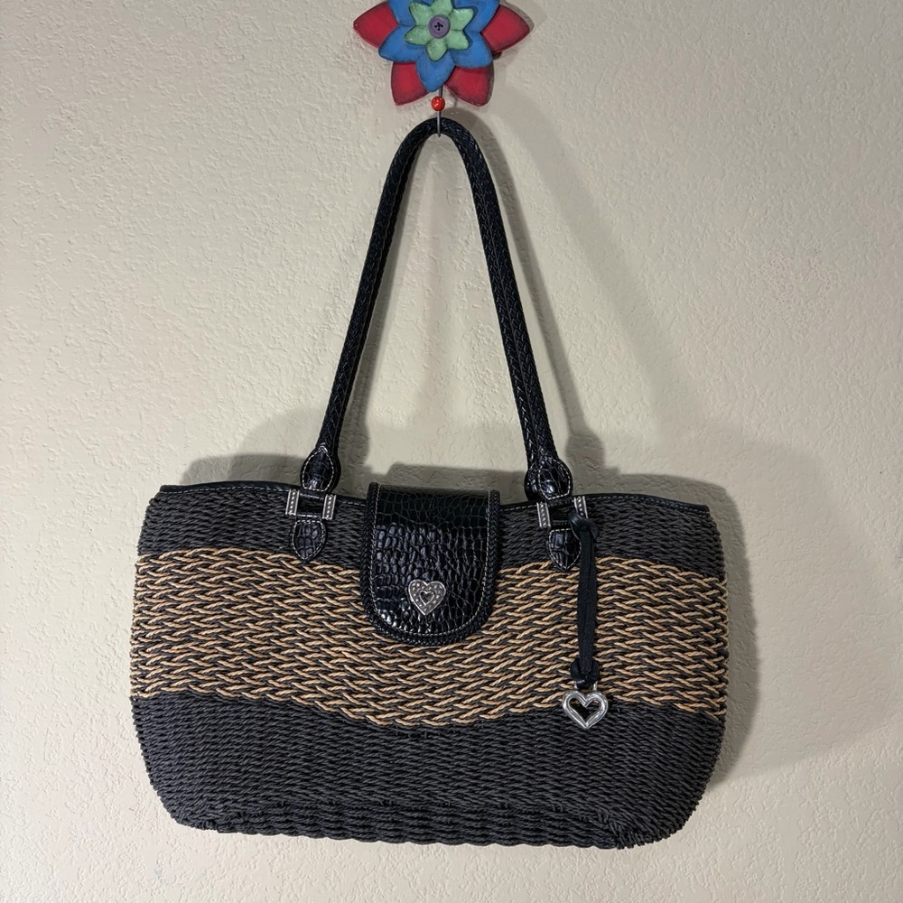 Brighton Savannah Black & Cream Woven Shoulder Bag Lined 16" W Boho Cottagecore